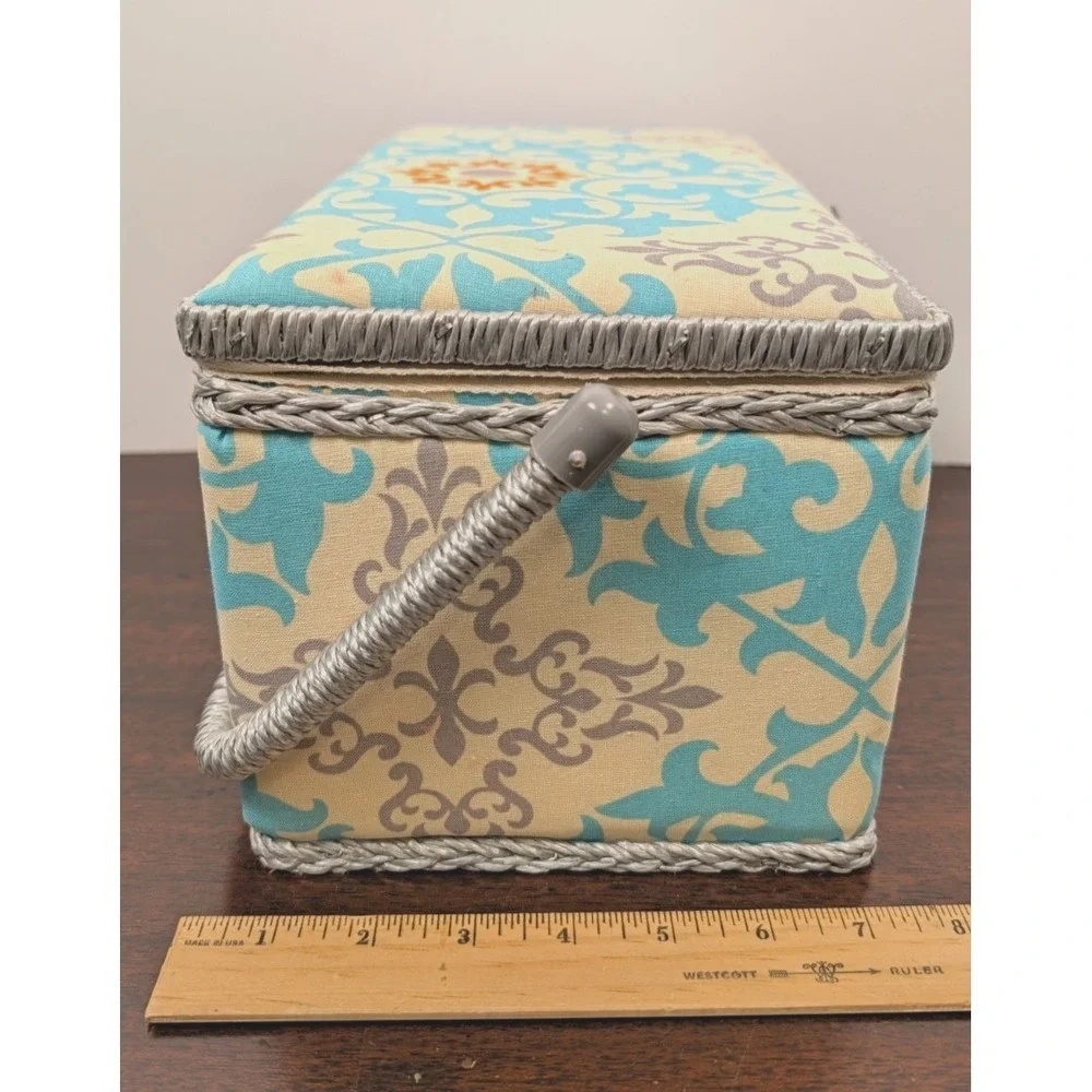 Fabric Sewing Basket Box Aqua Gray Damask Padded Lid Handle Craft Storage Notion